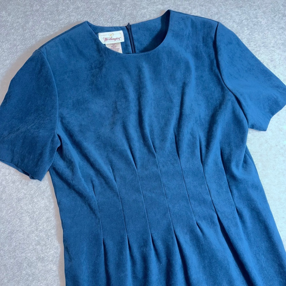 Vintage Worthington Sheath Dress 12P Dark Teal Faux Suede Pleated Short Sleeve